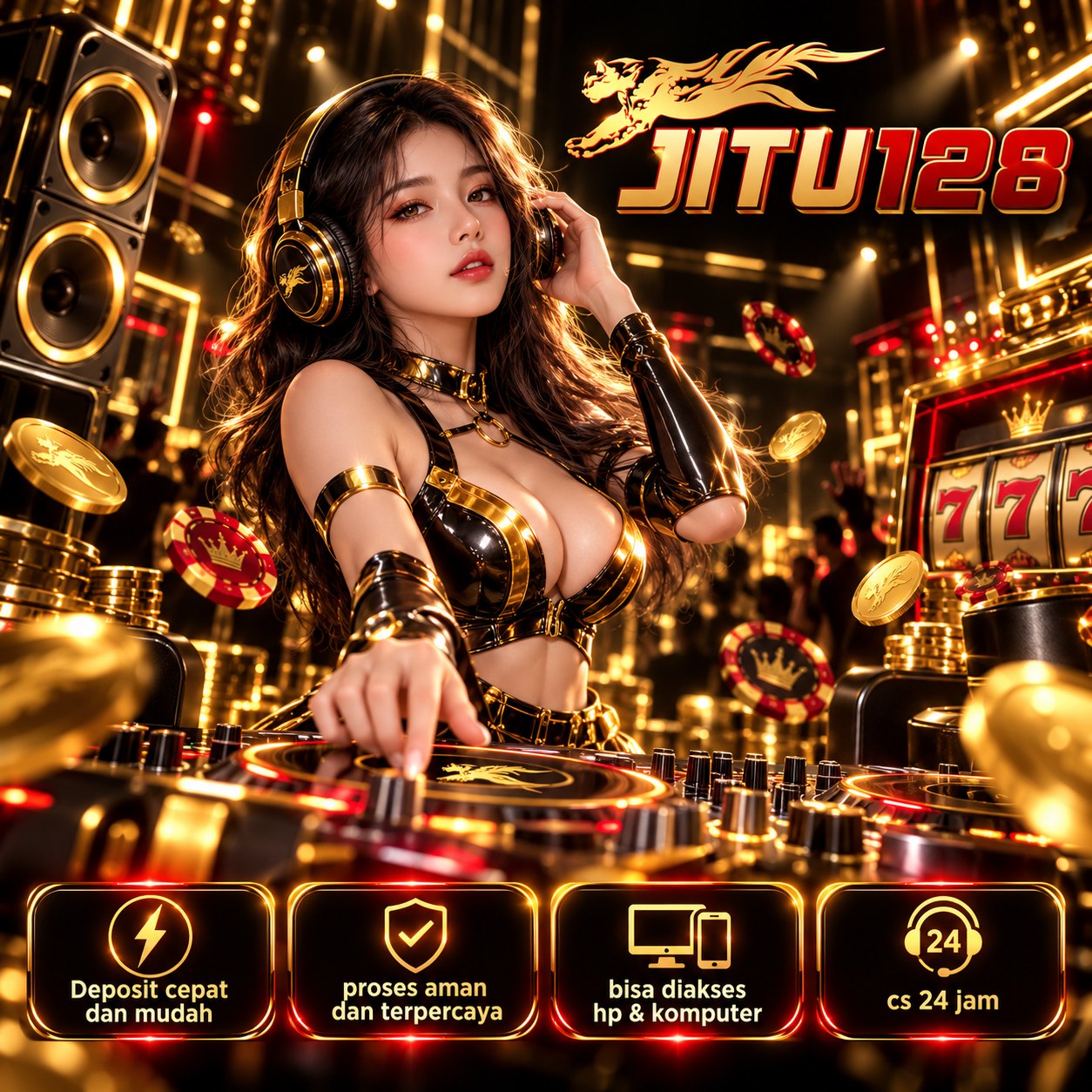 Poster JITU128 bernuansa panggung DJ dengan pencahayaan emas